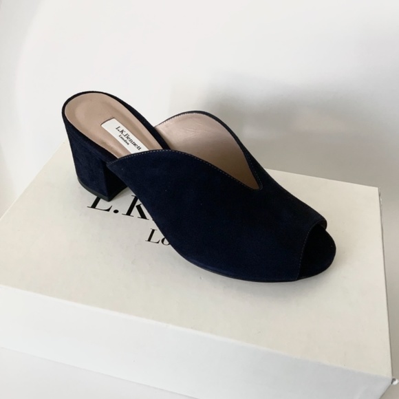 L. K. Bennet Navy Suede Jagoda Mule Heel Sandals - Picture 7 of 8
